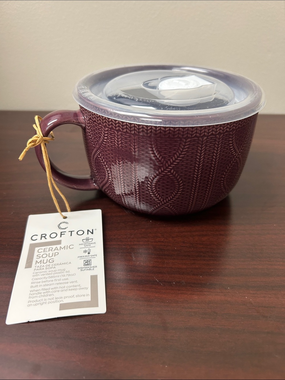 Crofton Plum Ceramic Knit-Texture Soup Mug with Lid